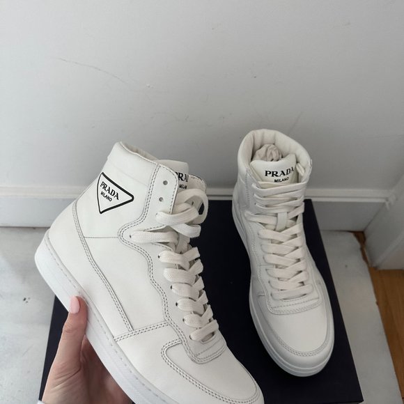 PRADA High Top Sneakers White Soft Leather Triangle Logo Lace up Men's 5.5 - Picture 5 of 11